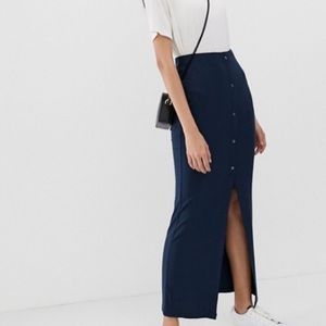 ASOS navy blue ribbed button front midi skirt